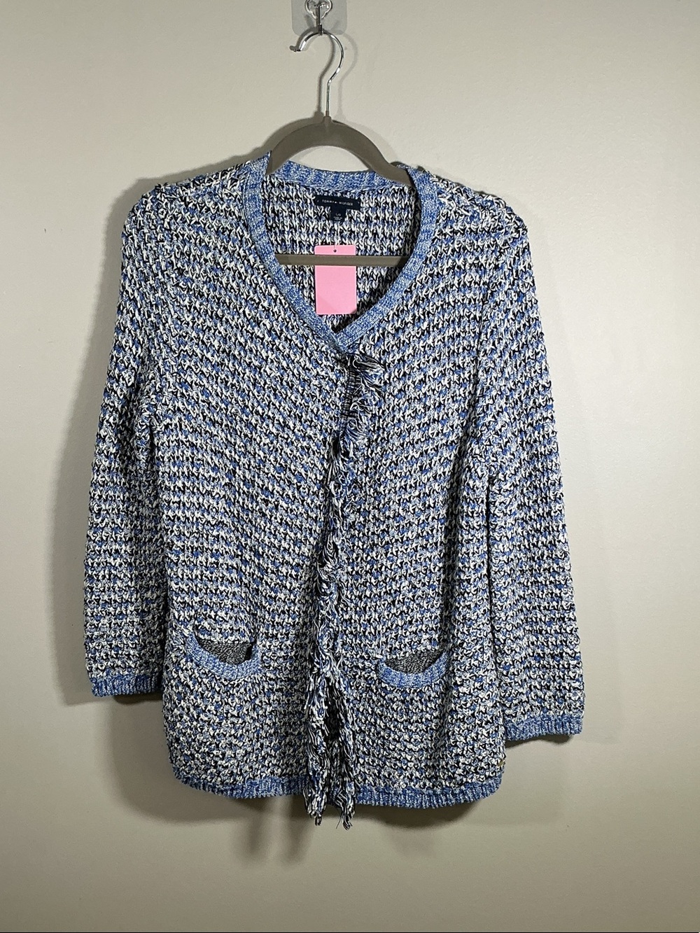 Tommy Hilfiger Knit Blazer Cardigan | Blue White | Fringe Detail | Size L
